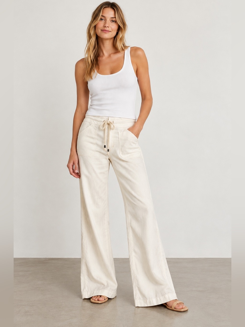 Level 99 Linen Tencel Wide Leg Flare Pants Ivory Size 29 NWT